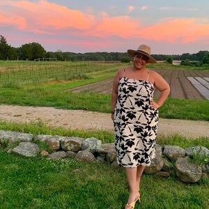 Black and white floral knee-length sundress with sleeveless design